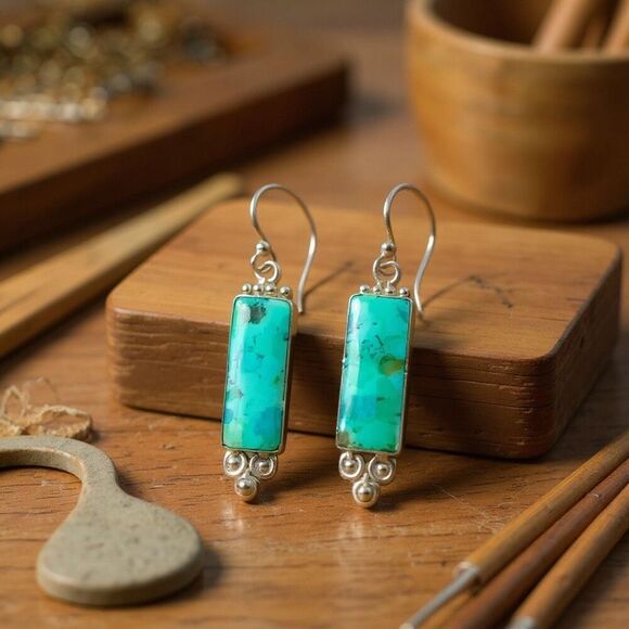 Southwestern Turquoise Bar Earrings – Sterling Silver Elegance with Desert Soul - Picture 2 of 6